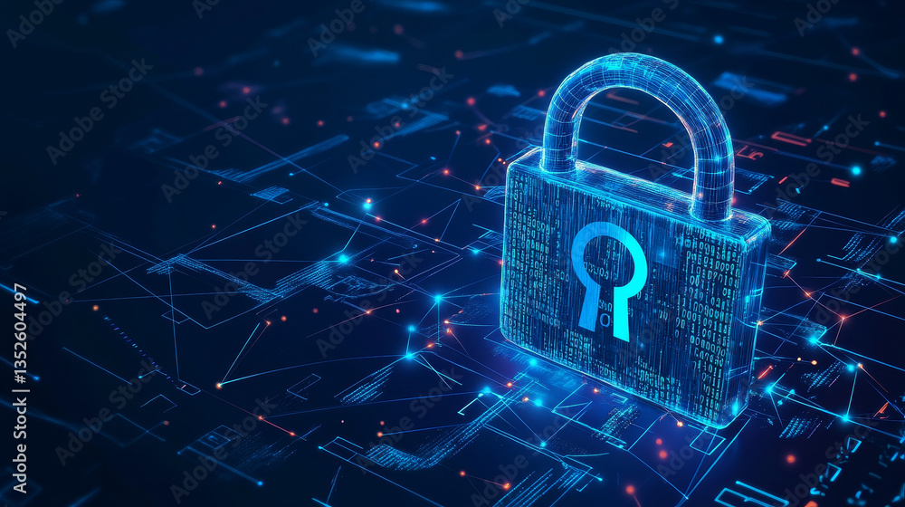 Poster cybersecurity digital information technology concept. polygon binary code connected on dark blue bac