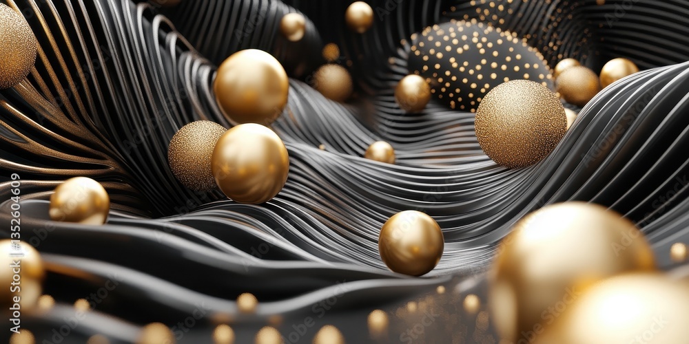 Poster abstract rendering of golden spheres floating above flowing dark waves