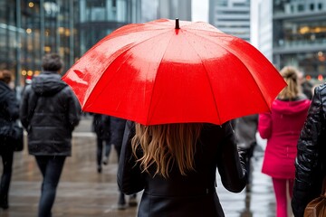 Woman holding a bright red umbrella in a crowded city street