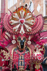 Venice, Italy - People dressed in carnival masks are photographed by tourists in the scenery of the...