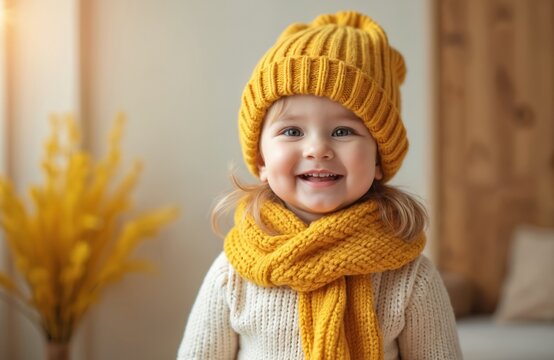 Cute baby girl wearing yellow hat and scarf smiling. Happy child in winter clothes looks at camera. Joyful kid portrait with hat, scarf. Warm clothing, childhood happiness.