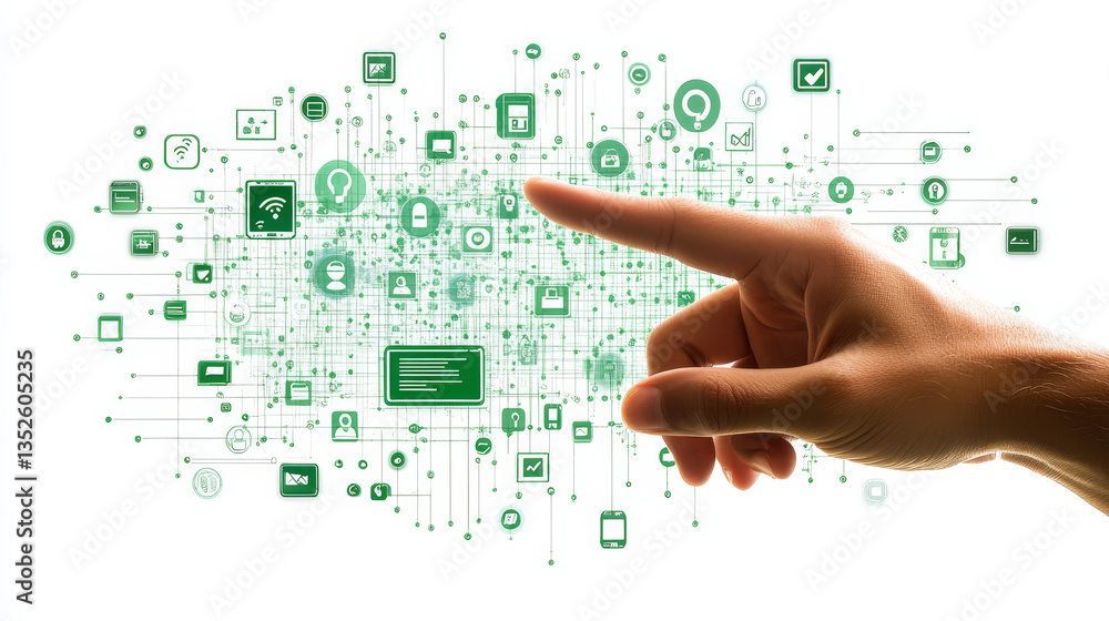 Poster the wireframe of the hand is touching to connect to the smart system. background cyber technology in
