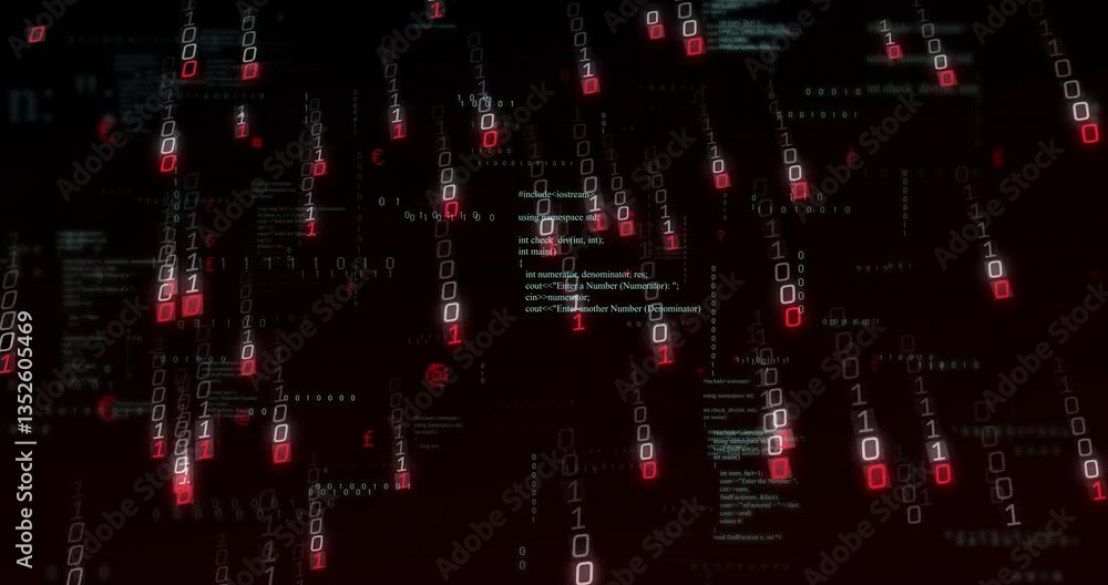 Poster creating digital matrix, binary code and data streams on dark background animation