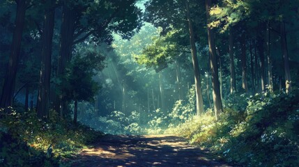 Obraz premium Mystical Night Forest: Enchanting Anime Landscape with Lush Green Trees and Dreamlike Atmosphere