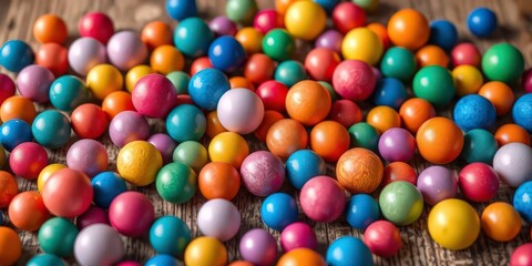 Colorful balls scattered on wooden background, closeup, bright background