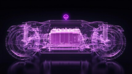Futuristic purple holographic concept of a new energy battery, floating in a digital space. This high-tech illustration represents innovation, clean energy, and the future of sustainable power solutio
