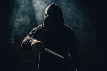 Shadowy Figure in Black Hoodie Brandishing Knife: A Dark Reflection on Violent Crimes and Criminality