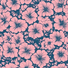A vibrant floral pattern featuring large pink flowers with intricate details set against a deep navy blue background, ideal for textile design, wallpapers, or decorative prints