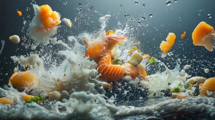 Dynamic Seafood Splash with Orange and White Sauce