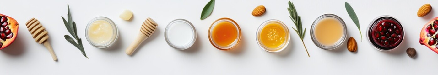 Natural skincare ingredients arranged on white surface with pomegranate background