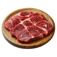 Obraz premium Sliced Dry-Aged Beef on Wooden Plate Top View