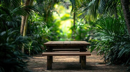 Obraz premium a wooden table and bench in a beautiful green forest 