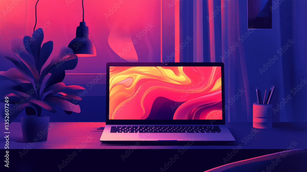Poster laptop on desk with abstract liquid flow fluid background on screen. multimedia gaming laptop vector