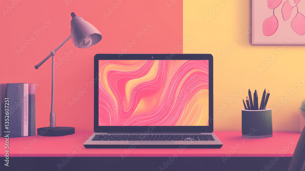 Poster laptop on desk with abstract liquid flow fluid background on screen. multimedia gaming laptop vector