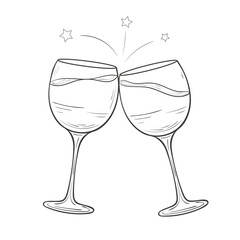 Hand drawn outlined illustration of two wine glasses clinking together. Fun, celebratory clipart for decoration, coloring page, cards, invitations