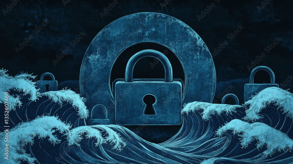 Poster cybersecurity big data. the dominant circular interconnected polygon in the center, within which the