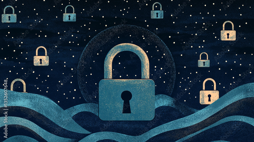 Poster cybersecurity big data. the dominant circular interconnected polygon in the center, within which the