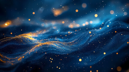 Deep Blue Nebula with Glowing Gold and White Stars