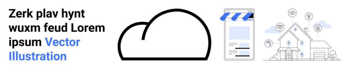 Cloud connects mobile app and smart home ecosystem with icons showing energy, security, storage, and connectivity. Ideal for technology, smart living, IoT, real estate, app design automation simple