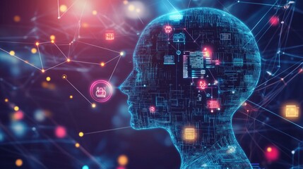 Abstract human profile surrounded by icons, dots and lines forming a digital internet network