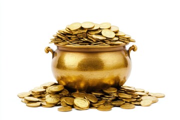 Vibrant Pot of Gold Overflowing with Gleaming Coins on a Bright White Background for a Fun St. Patrick's Day Theme