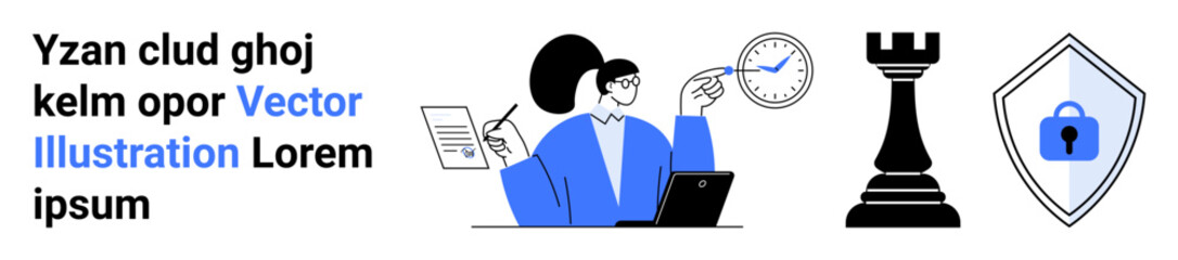 Woman working on laptop, clock symbolizing time, chess rook for strategy, and shield for security. Ideal for business planning, time management, cybersecurity, leadership, analytics digital tools