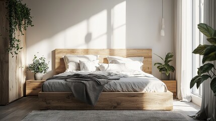 a bedroom with a wooden bed and plants 