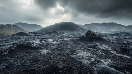 a volcanic landscape with a dark sky and mountains in the background 