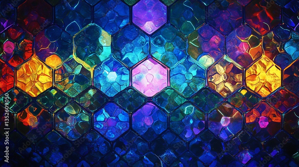 Poster colorful hexagonal glass tile pattern with abstract light refraction design