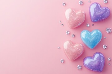 Obraz premium Pastel pink, blue, and purple hearts on the right side of the picture with scattered diamonds in the background, a pink background.