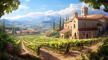 Fototapeta premium A picturesque vineyard with rolling hills, lush grapevines, and a wine tasting experience in a beautiful setting