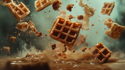 Crispy Brown Waffles Splashing into Brown Liquid