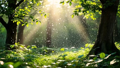 Obraz premium Sunlight filtering through trees and leaves on a rainy day.