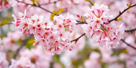 Obraz premium Delicate soft pink cherry blossoms on a gentle breeze, springtime, background