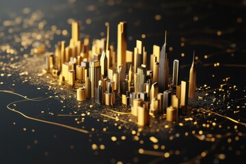 Abstract gold cityscape illustrating tall buildings and architectural skyscrapers