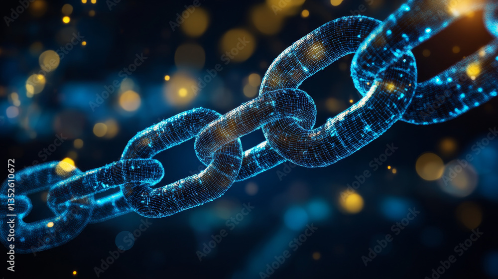 Poster depth of field, network chain links connections, crypto currency connected and digital technology ne
