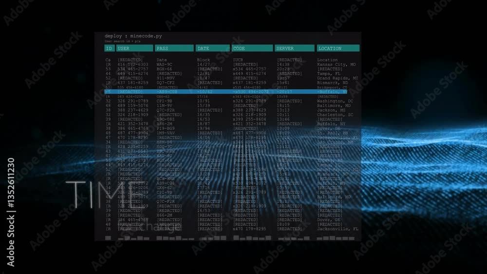 Poster data processing animation over digital grid with time and location details
