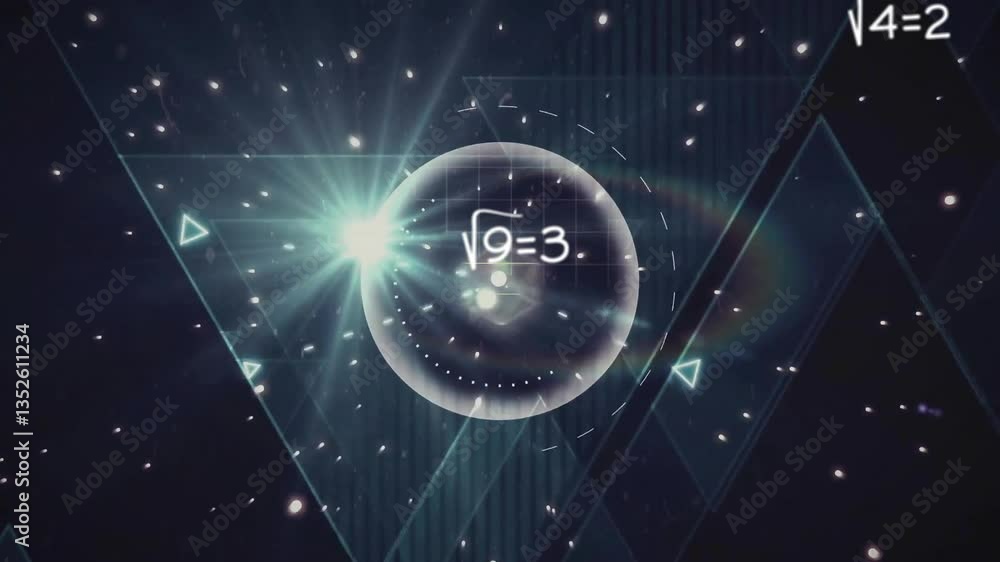 Poster animation of geometric shapes and mathematical equations forming network in space