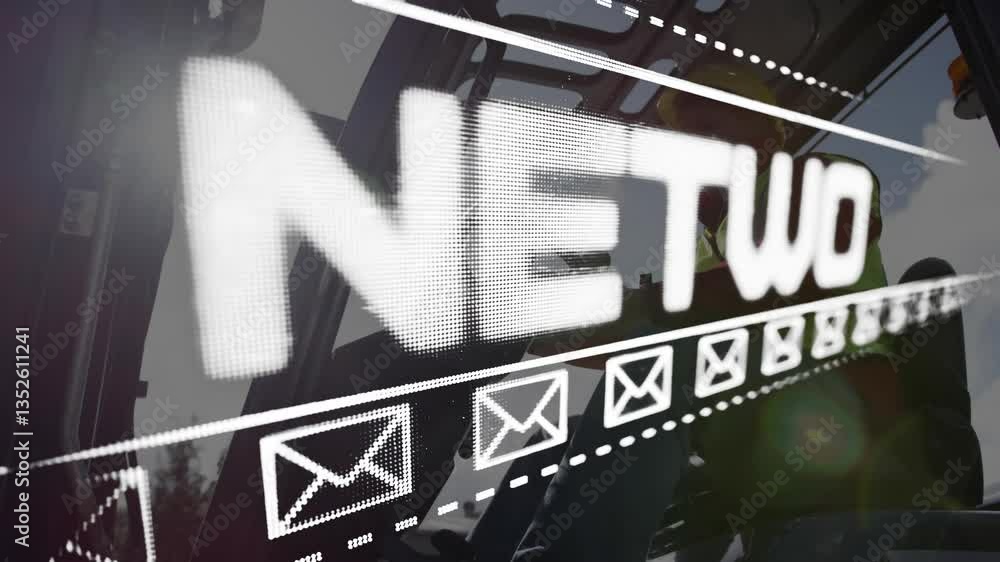Poster digital animation of network text and envelope icons on reflective surface