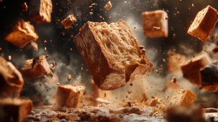 Fototapeta premium Flying Croutons Explosion, Brown Bread Pieces