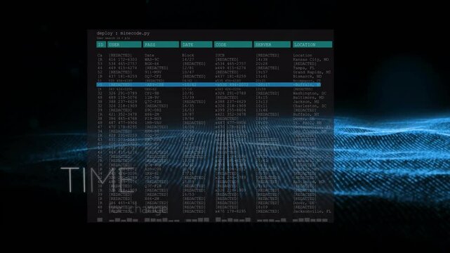 Data processing animation over digital grid with time and location details