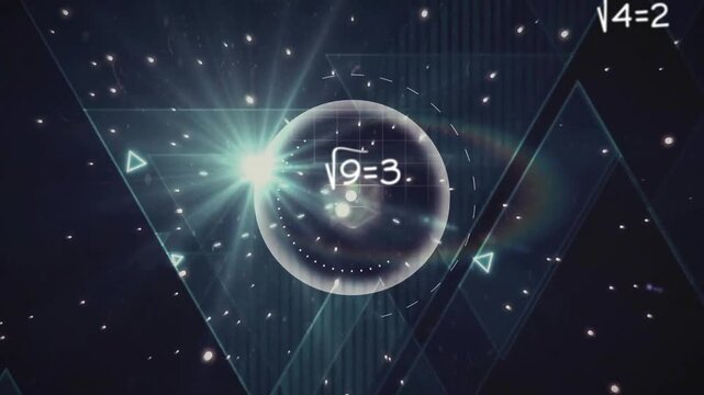 Animation of geometric shapes and mathematical equations forming network in space