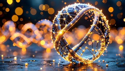 a double-stranded DNA molecule composed of gold and blue spheres, with glowing yellow lights that resemble fireflies scattered throughout.