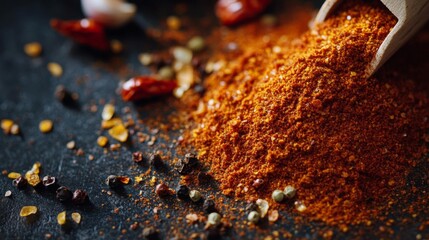 Red Chili Powder and Spices on Dark Surface