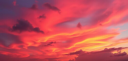Fiery pink and orange sunset hues paint the dramatic sky, horizon, colorful sunset