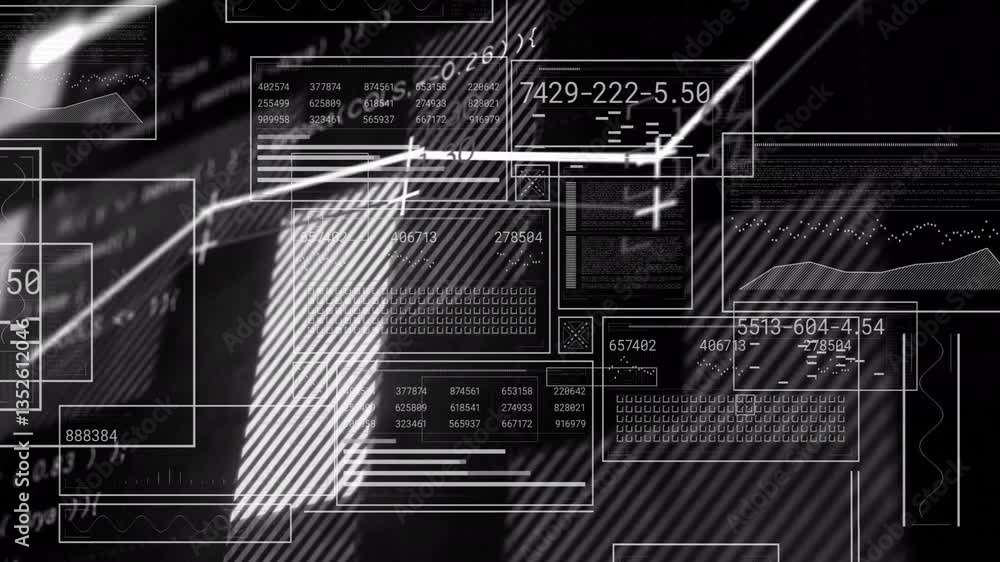 Poster animation of digital data and coding elements overlaying abstract black background