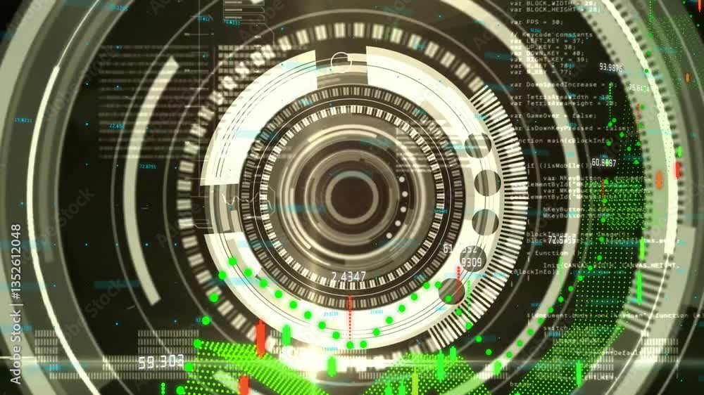 Poster animation of digital interface with financial data and circular patterns in school