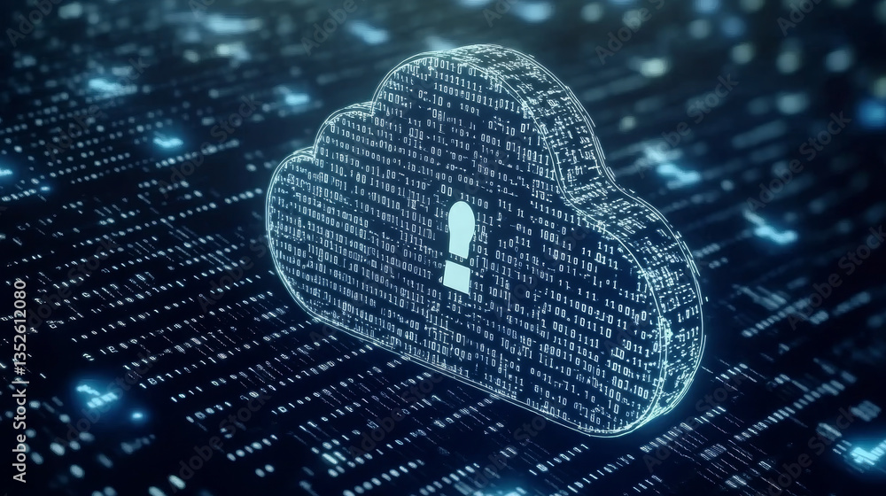 Poster cloud and edge computing technology concepts with cybersecurity protection. there is a large cloud i
