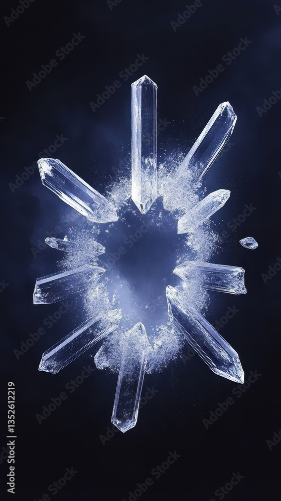 Poster transparent crystal formations exploding from a central hazy aperture