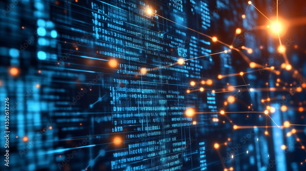 Poster digital technology concept data cyber security protection. interconnected polygons, binary code, and